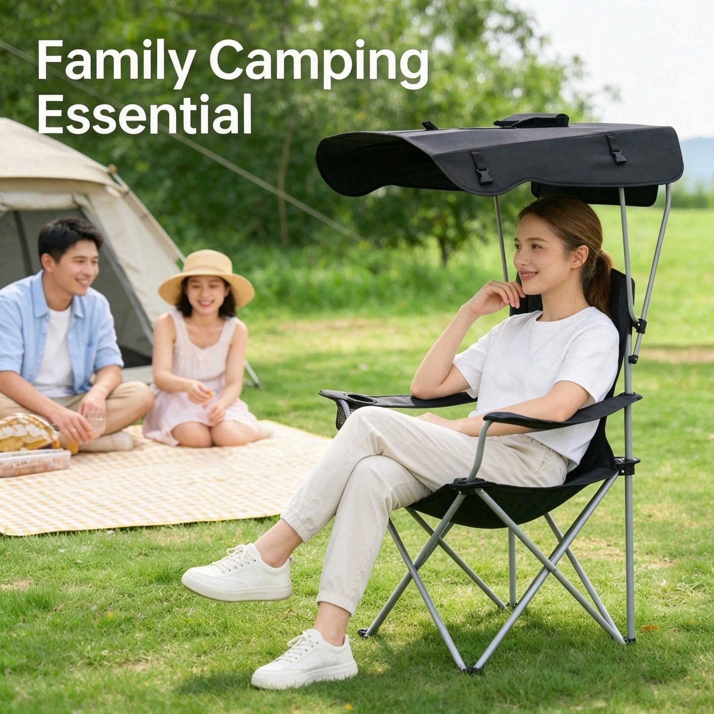 Portable Folding Camping Chair With Adjustable Sun Canopy
