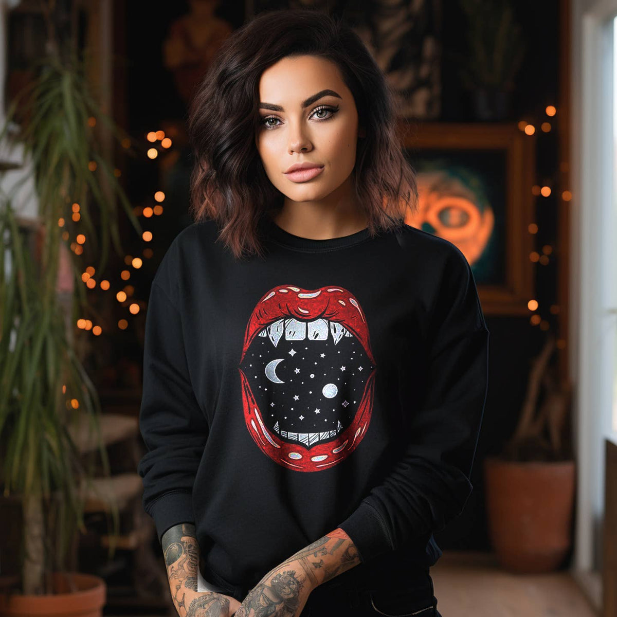 Black Vampire Lips Graphic Sweatshirt