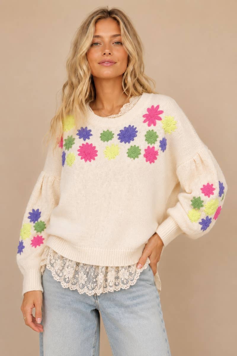 Cream Floral Embroidered Knit Sweater Top