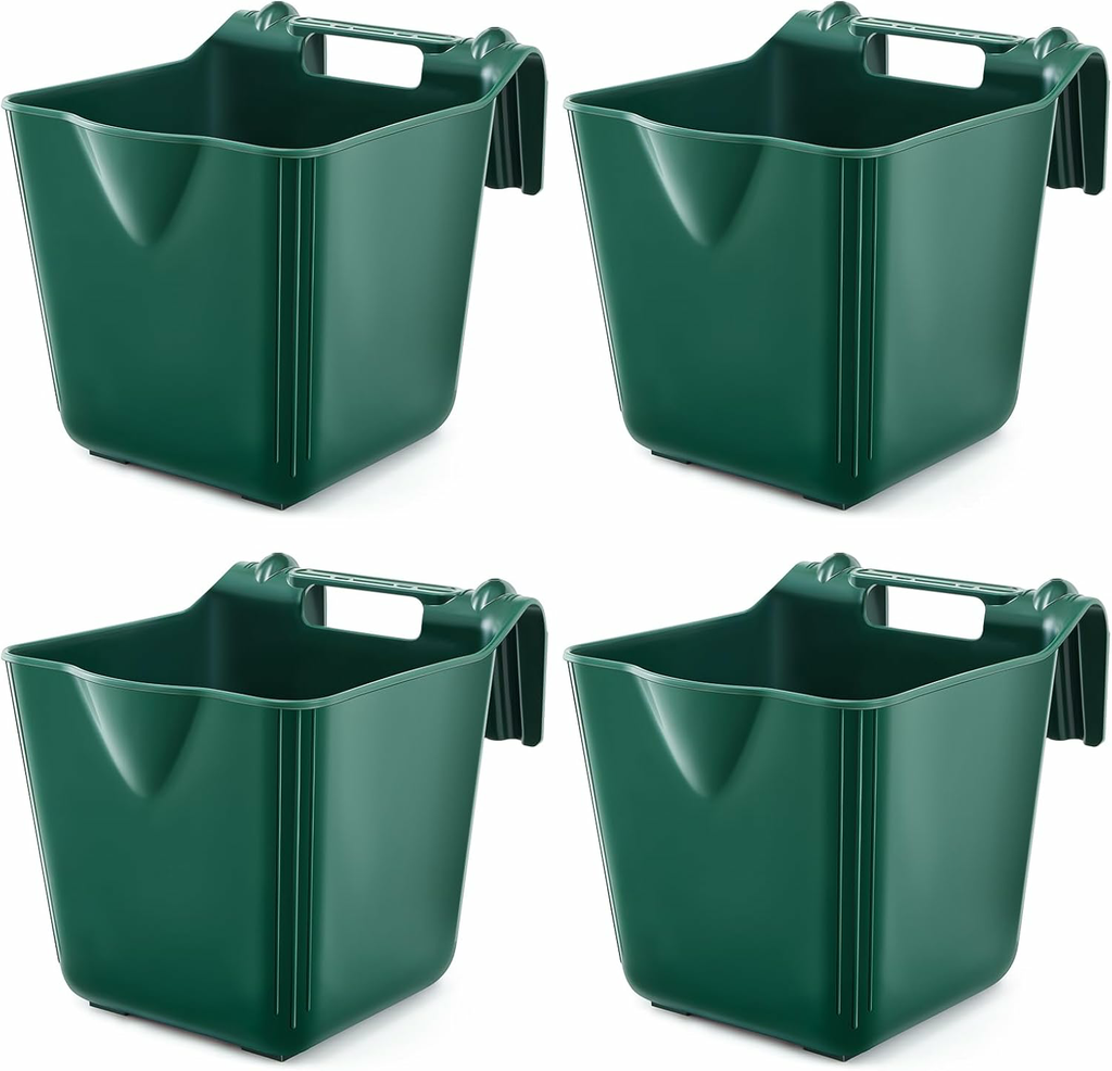4 Pack 15 Quart Horse Feeders for Stall Hook Over Hanging Fence Hay Feeder Mountable Livestock Plastic Feed Bucket