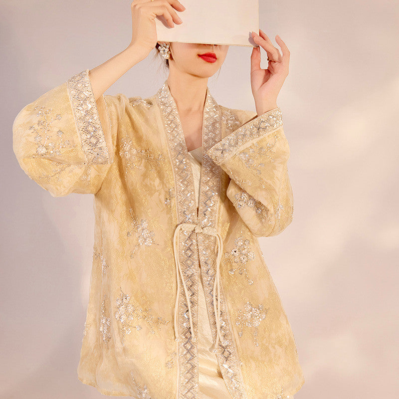 Embroidered Cardigan Jacket Women Light Luxury Beaded Open Front Coat