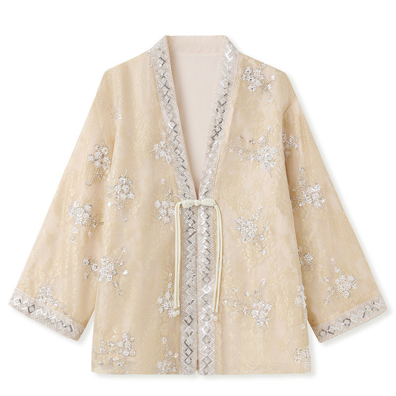 Embroidered Cardigan Jacket Women Light Luxury Beaded Open Front Coat