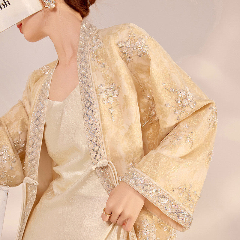 Embroidered Cardigan Jacket Women Light Luxury Beaded Open Front Coat