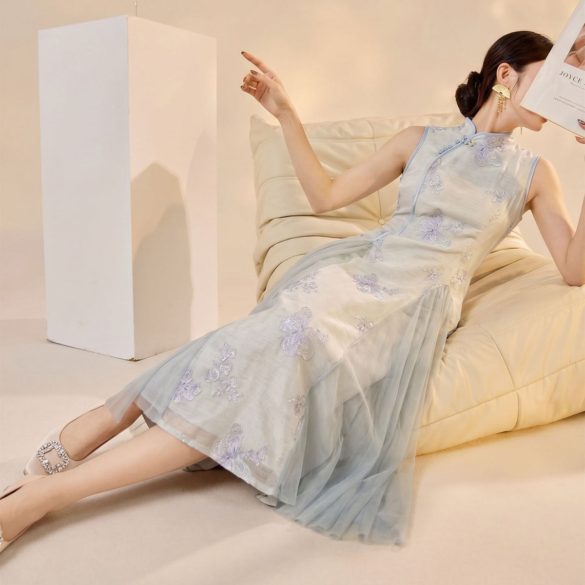 Elegant Sleeveless Cheongsam Dress Midi Qipao for Women Micro Elasticity
