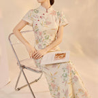 Cheongsam Dress with Embroidery Slim Fit Long Qipao Micro Elasticity