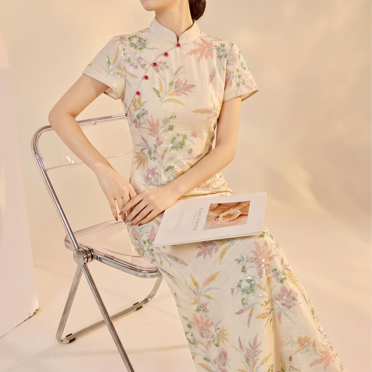 Cheongsam Dress with Embroidery Slim Fit Long Qipao Micro Elasticity