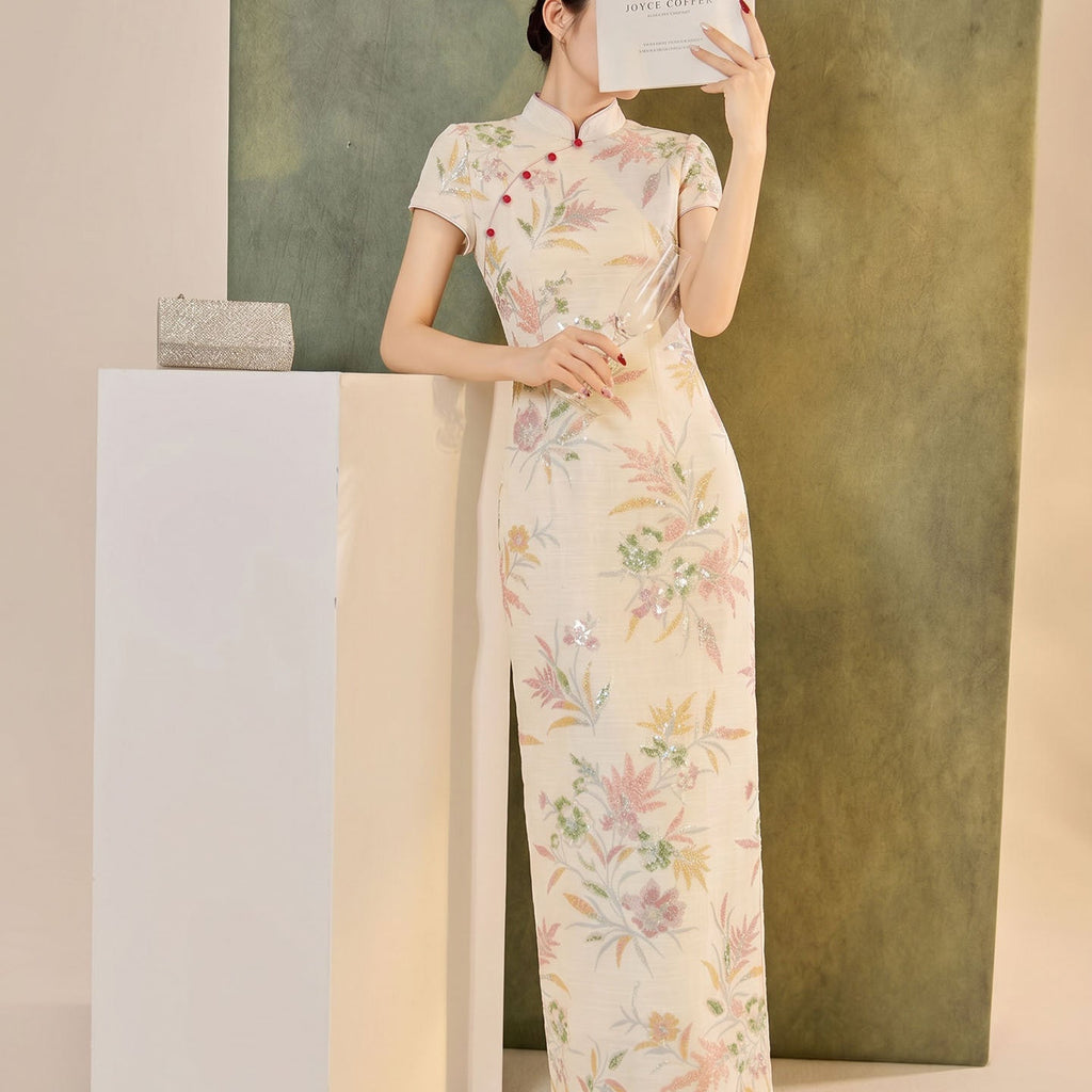 Cheongsam Dress with Embroidery Slim Fit Long Qipao Micro Elasticity