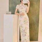 Cheongsam Dress with Embroidery Slim Fit Long Qipao Micro Elasticity