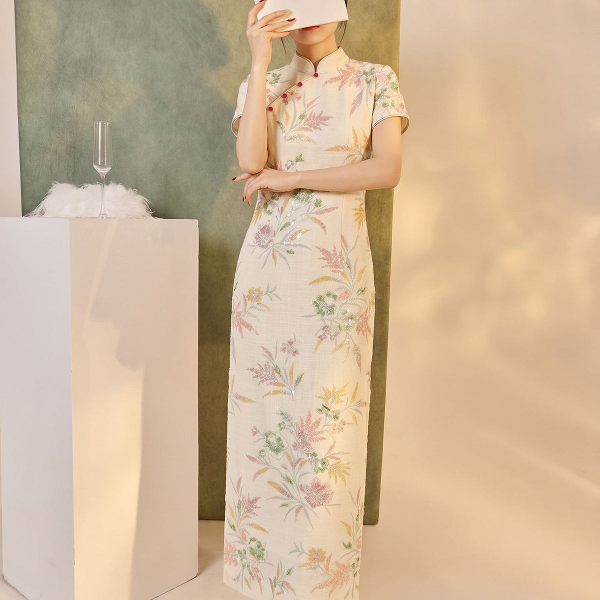 Cheongsam Dress with Embroidery Slim Fit Long Qipao Micro Elasticity