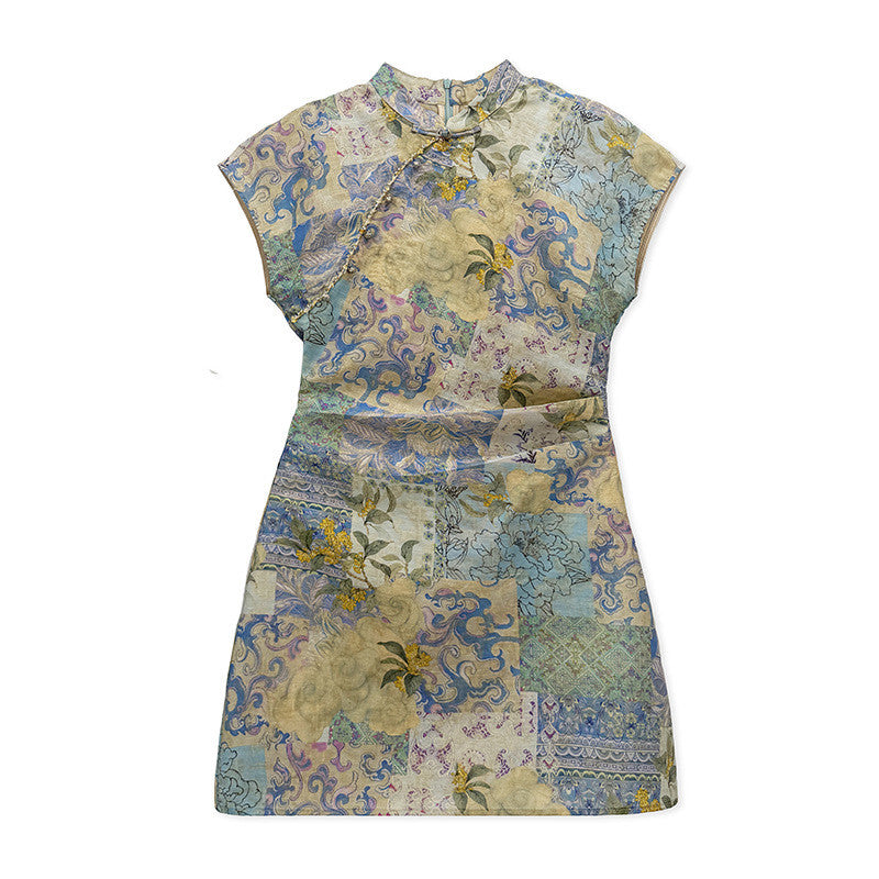Cheongsam Dress with Floral Print, High-Waist Slimming Short Qipao for Women
