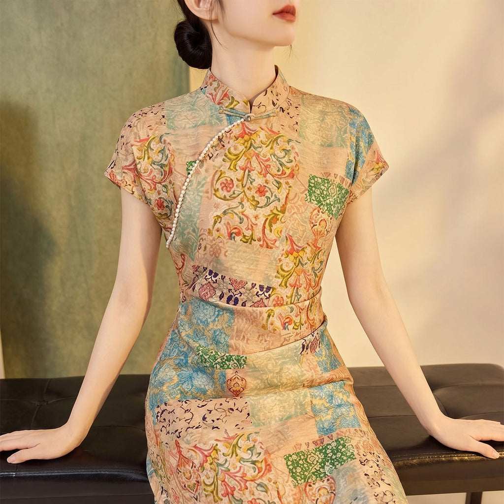 Cheongsam Dress with Floral Print, High-Waist Slimming Short Qipao for Women