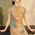 Cheongsam Dress with Floral Print, High-Waist Slimming Short Qipao for Women