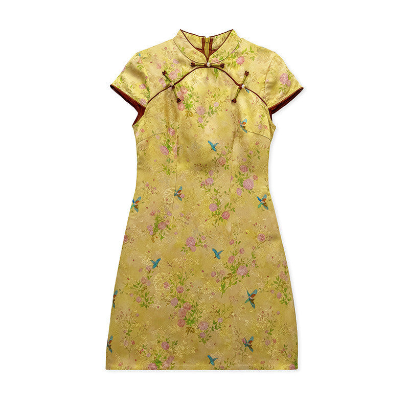 Chinese Style Floral Print Cheongsam Dress with Stand Collar and Frog Buttons Short Qipao for Women
