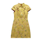 Chinese Style Floral Print Cheongsam Dress with Stand Collar and Frog Buttons Short Qipao for Women