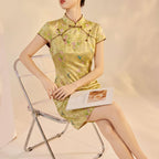 Chinese Style Floral Print Cheongsam Dress with Stand Collar and Frog Buttons Short Qipao for Women