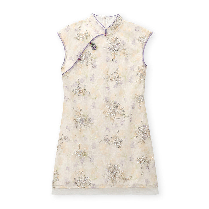 Chinese Style Sleeveless Cheongsam Dress with Lace Sequins and Floral Print