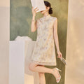 Chinese Style Sleeveless Cheongsam Dress with Lace Sequins and Floral Print