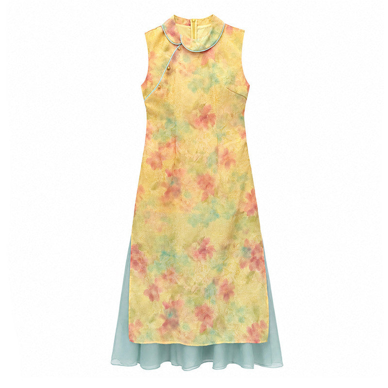 Chinese Style Collar Sleeveless Cheongsam Dress with Print and Side Slit