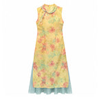 Chinese Style Collar Sleeveless Cheongsam Dress with Print and Side Slit