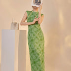 Elegant Summer Cheongsam Dress with Stand Collar and Floral Print Micro Elasticity
