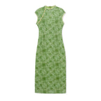 Elegant Summer Cheongsam Dress with Stand Collar and Floral Print Micro Elasticity