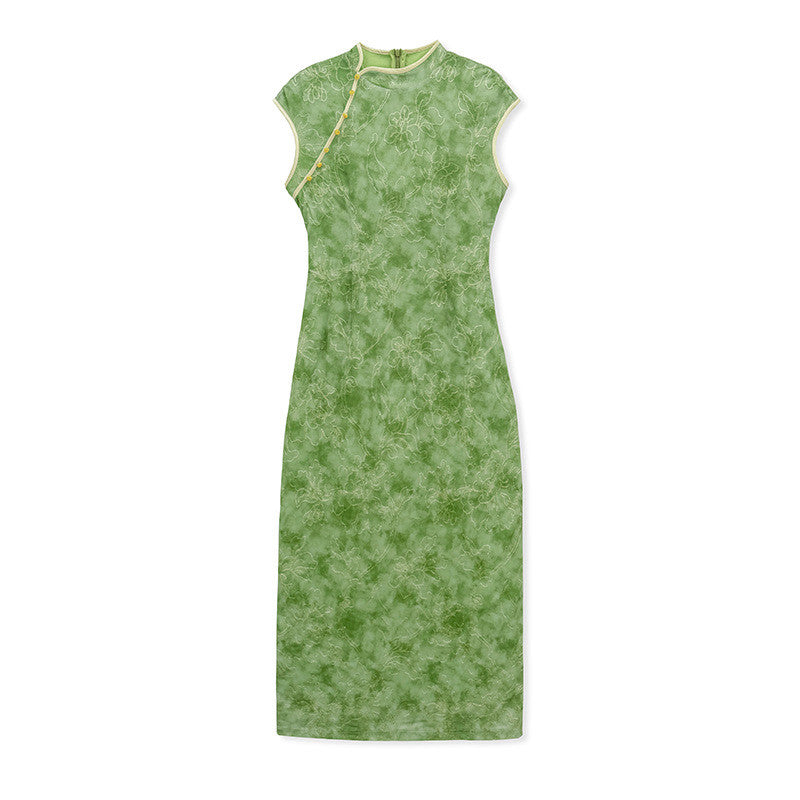 Elegant Summer Cheongsam Dress with Stand Collar and Floral Print Micro Elasticity