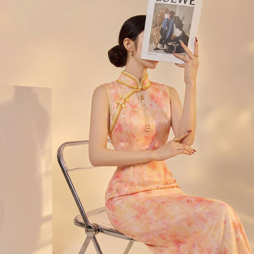 Chinese Style Floral Print Cheongsam Dress with Waist Cinching for Women Micro Elasticity