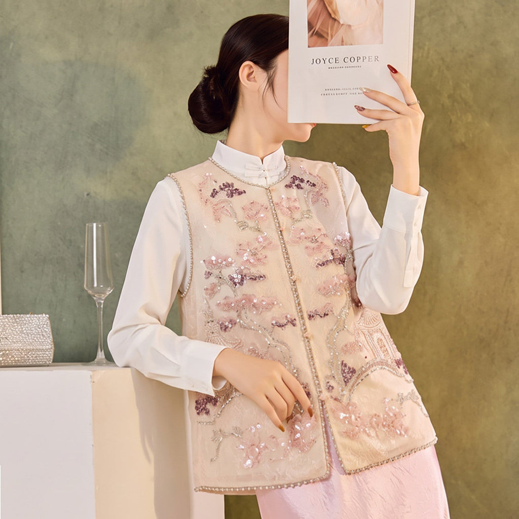 Chinese Style Vintage Jacquard Vest with Pavilion Embroidery & Beading for Women Waistcoat