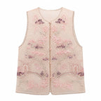 Chinese Style Vintage Jacquard Vest with Pavilion Embroidery & Beading for Women Waistcoat