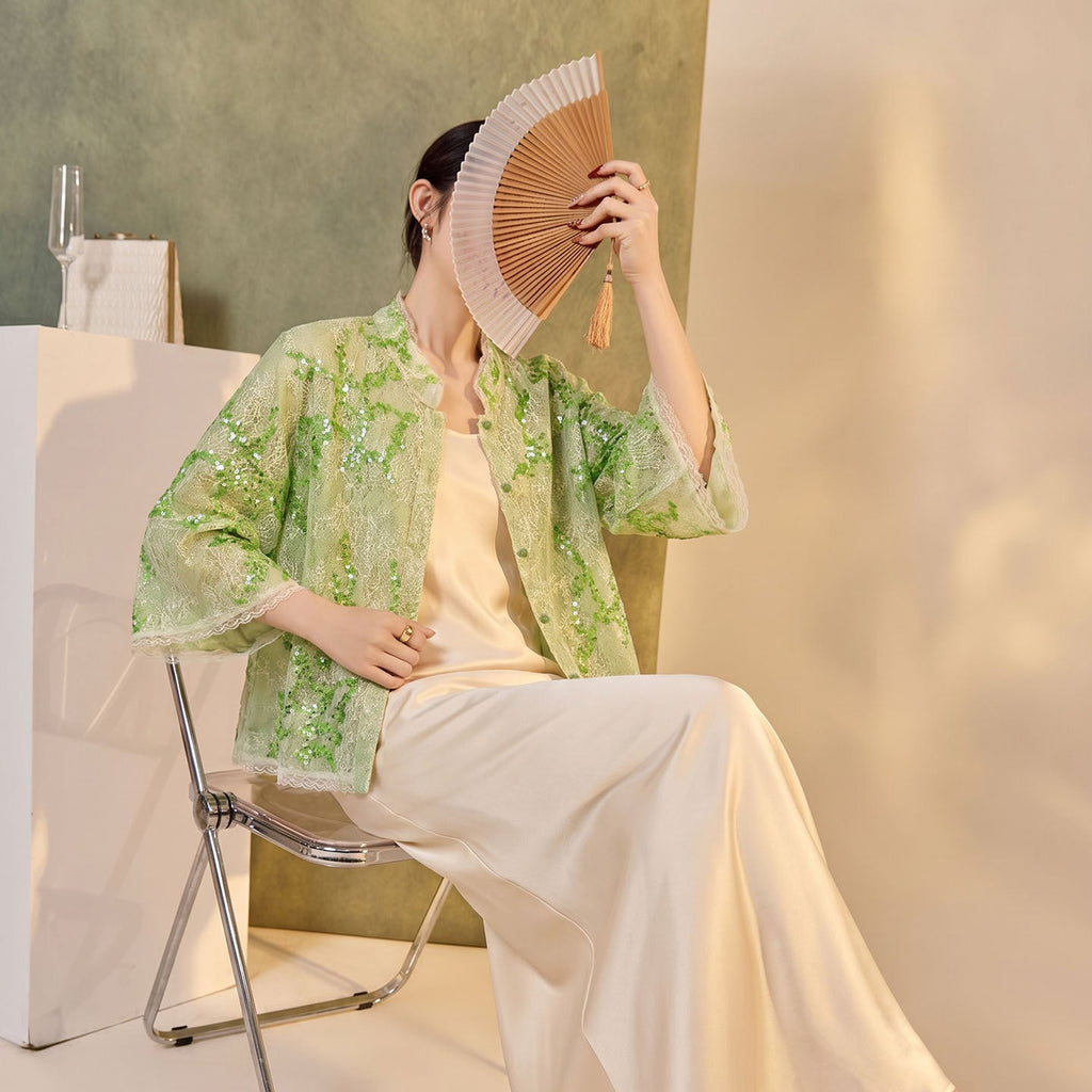 Chinese Style Stand Collar Lace Cardigan with Heavy Sequins Embroidery Seven-Quarter Sleeve Loose Thin Short Jacket