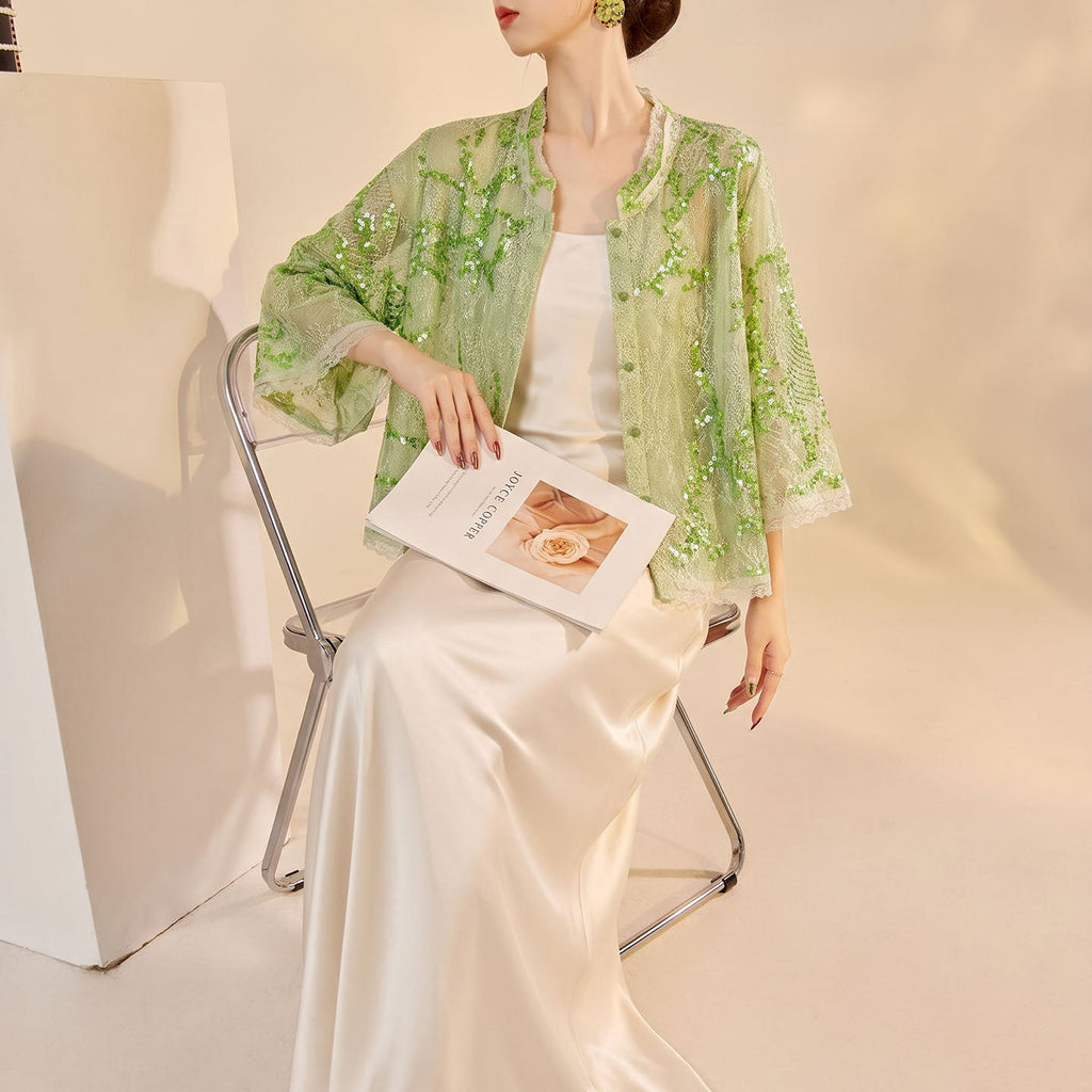 Chinese Style Stand Collar Lace Cardigan with Heavy Sequins Embroidery Seven-Quarter Sleeve Loose Thin Short Jacket