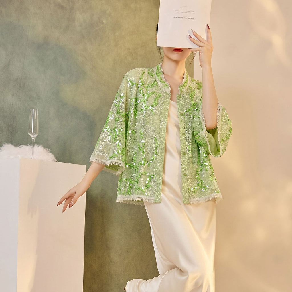 Chinese Style Stand Collar Lace Cardigan with Heavy Sequins Embroidery Seven-Quarter Sleeve Loose Thin Short Jacket
