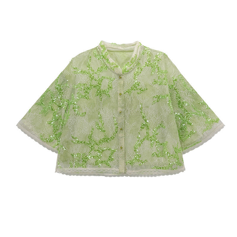 Chinese Style Stand Collar Lace Cardigan with Heavy Sequins Embroidery Seven-Quarter Sleeve Loose Thin Short Jacket