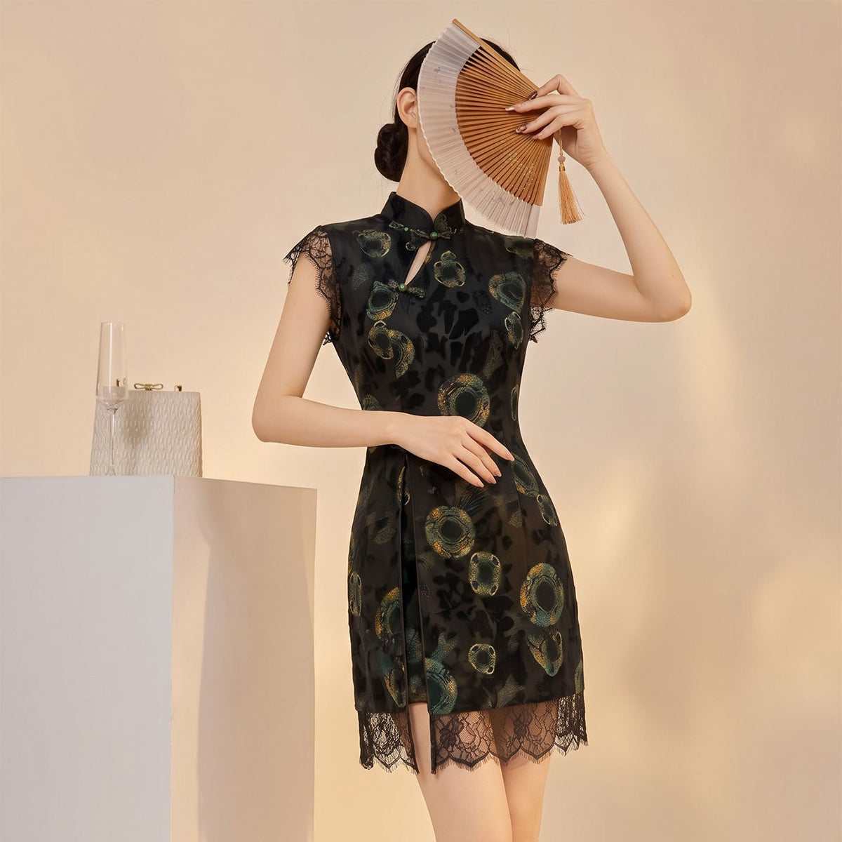 Chinese Style Cheongsam Dress with Shorts Set - Stand Collar, Frog Buttons, Lace Flutter Sleeves, Floral Print