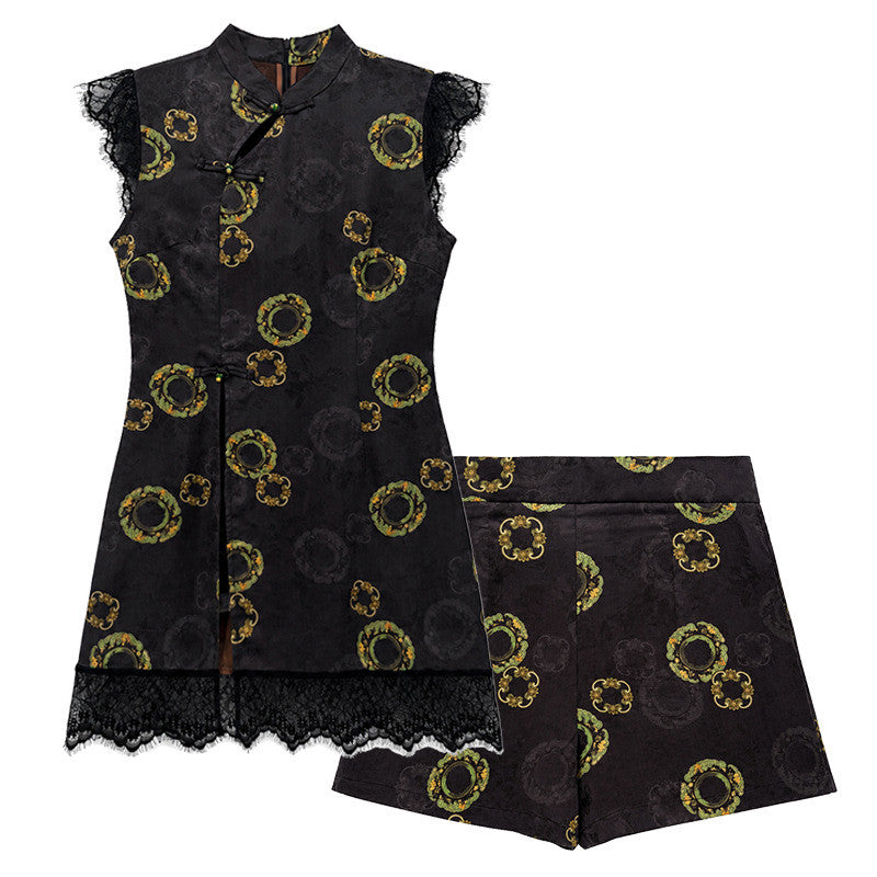 Chinese Style Cheongsam Dress with Shorts Set - Stand Collar, Frog Buttons, Lace Flutter Sleeves, Floral Print