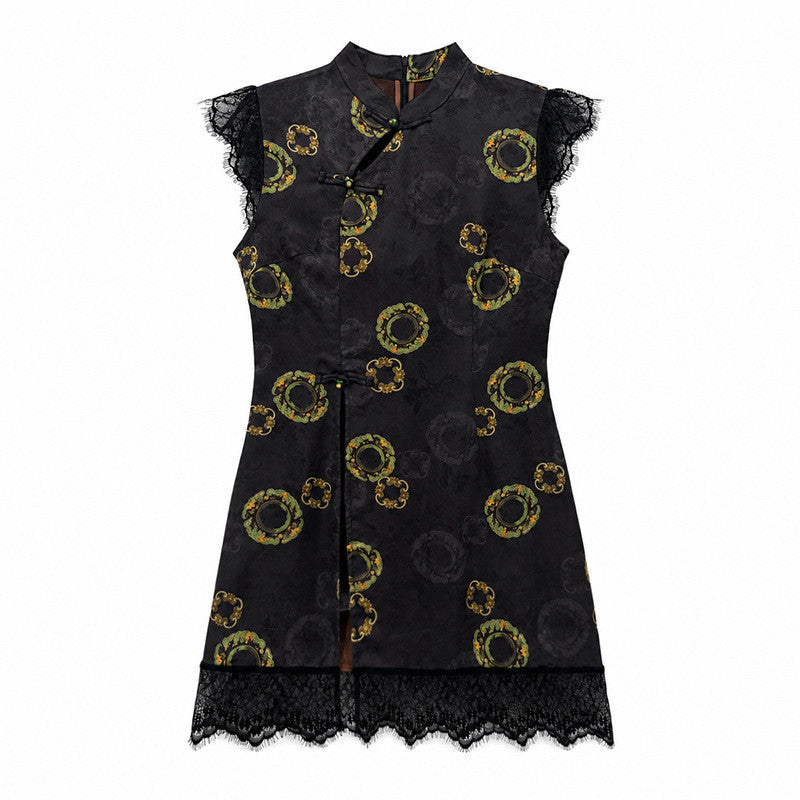 Chinese Style Cheongsam Dress with Shorts Set - Stand Collar, Frog Buttons, Lace Flutter Sleeves, Floral Print