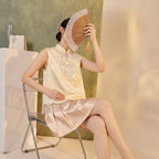 Chinese Style Stand Collar Sleeveless Vest with Pearl Tassel Embroidery
