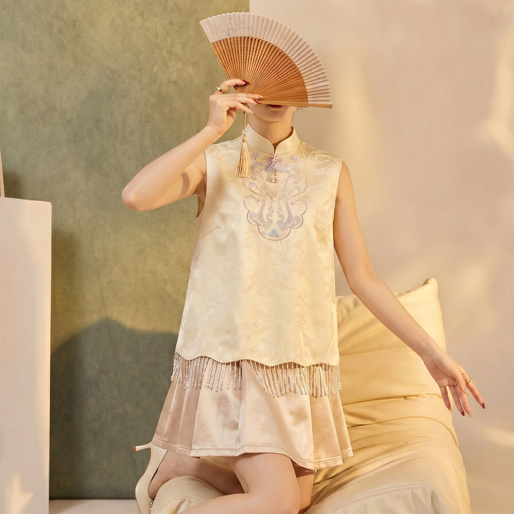 Chinese Style Stand Collar Sleeveless Vest with Pearl Tassel Embroidery