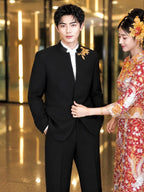 Chinese Style Men's Stand Collar Tang Suit Wedding Groom Tuxedo Set
