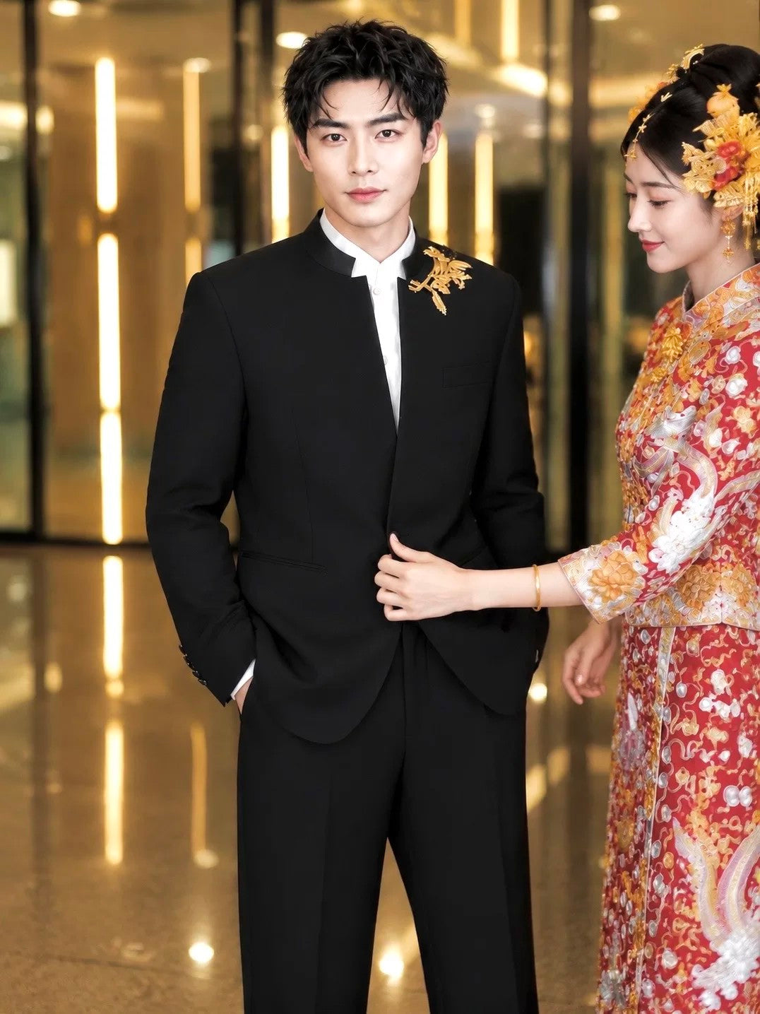 Chinese Style Men's Stand Collar Tang Suit Wedding Groom Tuxedo Set