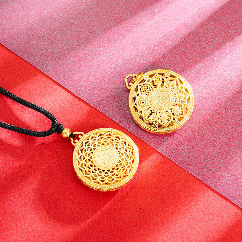 Eight Treasures Lotus Pendant Necklace Gold Plated Brass Compass Blessing Jewelry