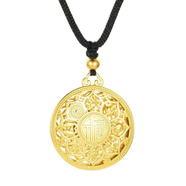 Eight Treasures Lotus Pendant Necklace Gold Plated Brass Compass Blessing Jewelry