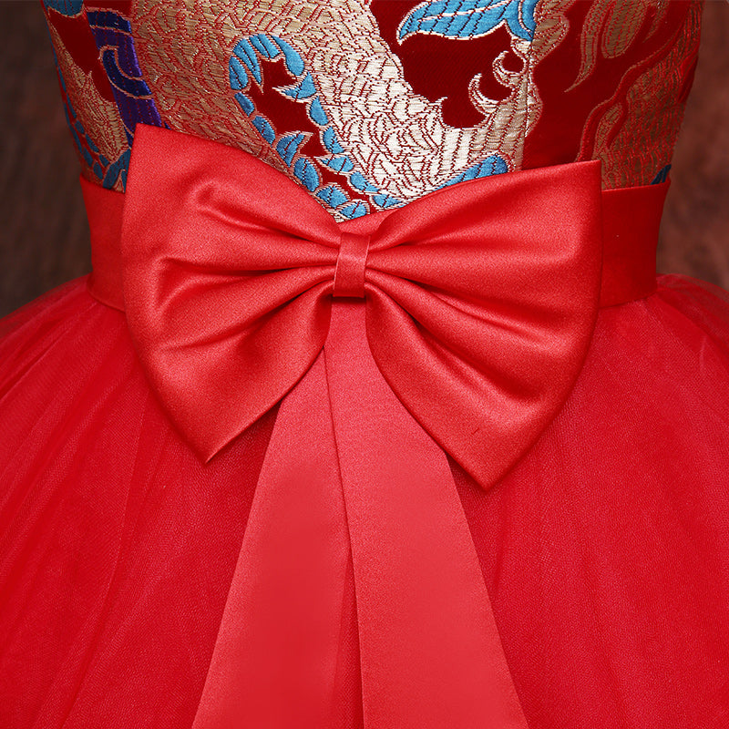 Brocade Top Tulle Bubble Skirt Chinese Wedding Party Dress