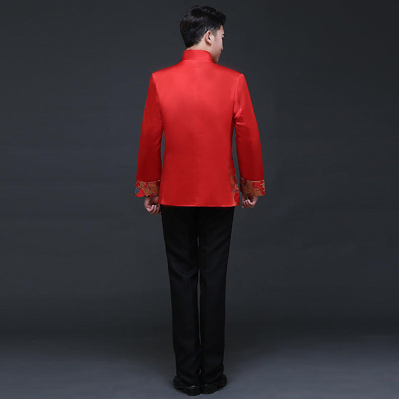 Dragon Pattern Satin Chinese Groom Suit with Strap Buttons
