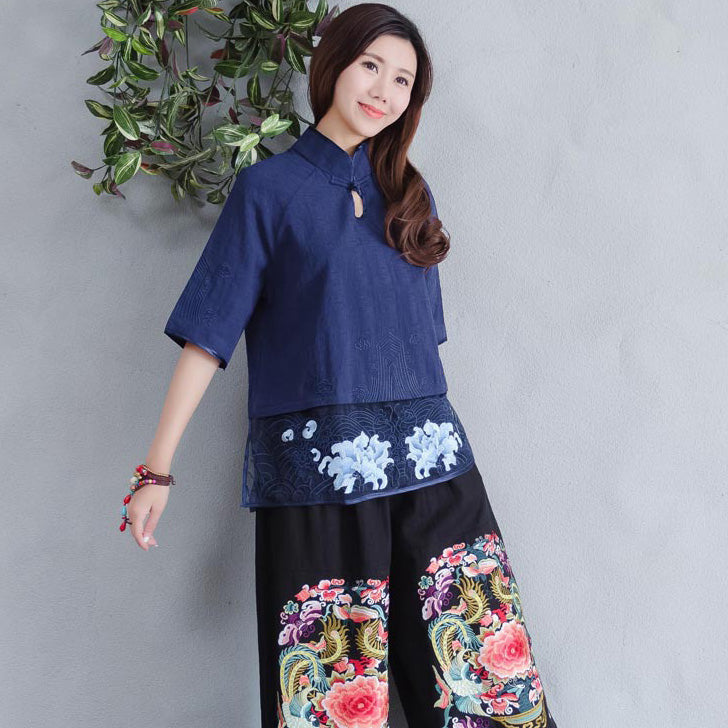 Cheongsam Top Traditional Chinese Blouse with Floral Embroidery Edge