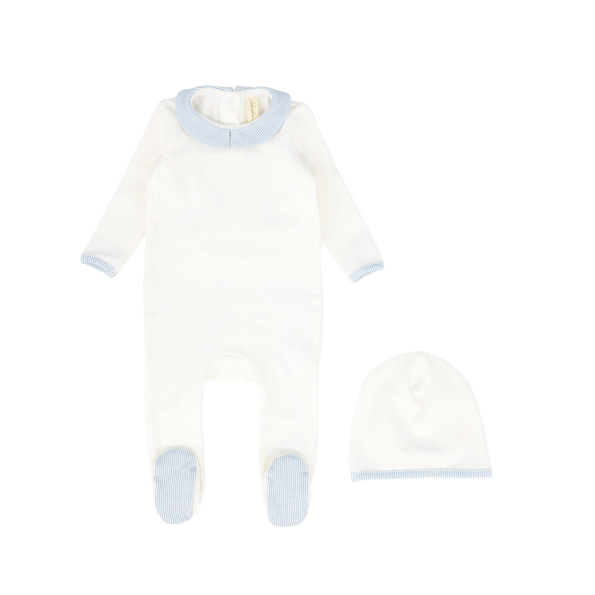 Bebe Jolee Monogram blue stripe footie set