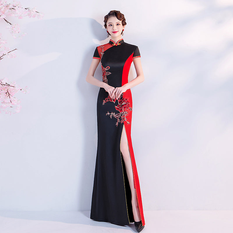 Cap Sleeve Floral Embroidery Cheongsam Top Mermaid Evening Dress