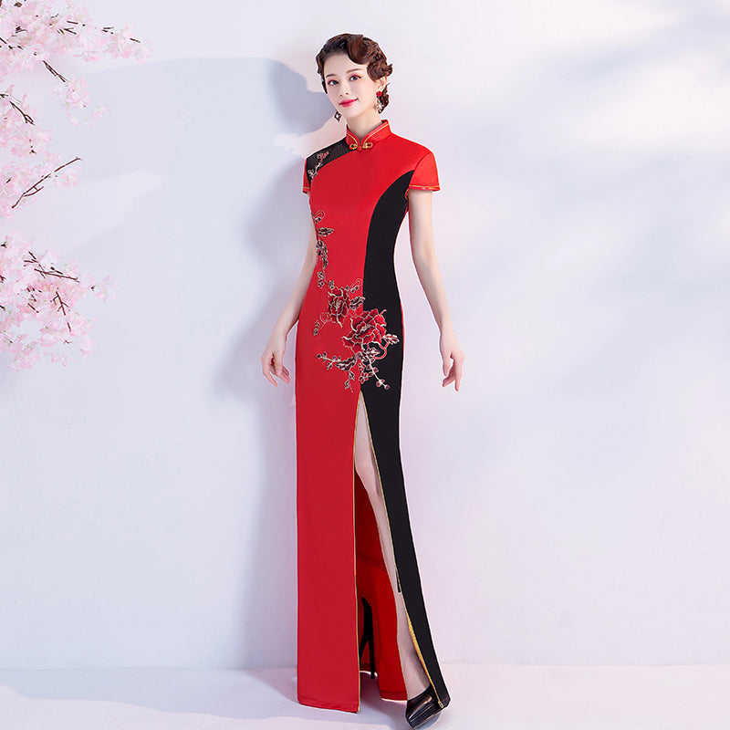 Cap Sleeve Floral Embroidery Cheongsam Top Mermaid Evening Dress