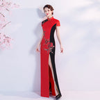 Cap Sleeve Floral Embroidery Cheongsam Top Mermaid Evening Dress