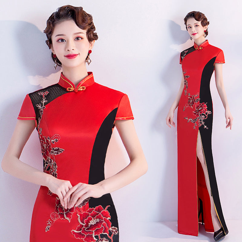 Cap Sleeve Floral Embroidery Cheongsam Top Mermaid Evening Dress
